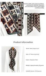 Detail of skinny polyester scarf with M-pattern and diagonal ends in 21x144cm size