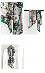 Detail of purple floral polyester scarf with green piping, 21x144cm neckerchief texture