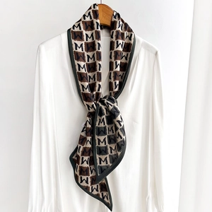 Fashion Women Satin Scarf Letter M Pattern Long Narrow Neck Tie Retro Plaid Color Block Streamer Scarf For Daily Office Dress Accessory