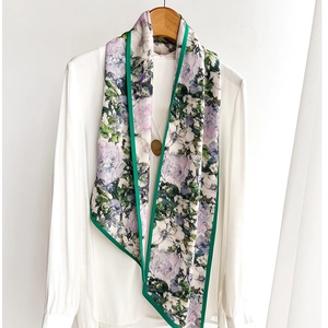 French style floral silk scarf with purple and pink blossoms and green borders