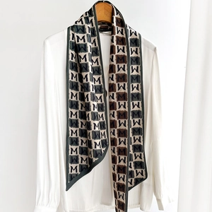 Classic checkered long scarf with M pattern on white shirt for spring autumn fashion