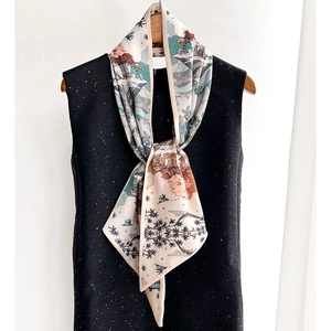Écharpe Twilly À Imprimé Paysage Floral En Polyester Élégante Écharpe De Cou Longue Et Mince Pour Femmes Style Chinois Rétro