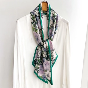 Elegant Floral Print Neck Scarf Women Small Skinny Scarf Double Layer Polyester Satin Feel Retro French Style Hair Band Tie