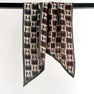 Classic checkered rectangular scarf with M letter pattern in earthy beige and brown tones