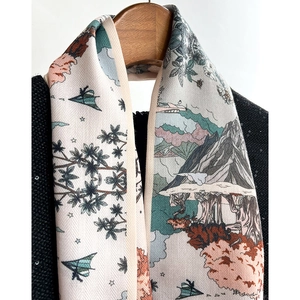 Foulard étroit imprimé à motifs de paysages et texture sergé pour un look chic féminin