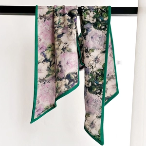 Floral print satin skinny scarf twilly with retro oil painting style for women