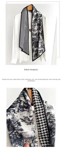 Close-up of double-sided houndstooth and toile de jouy print scarf in faux silk