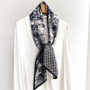 Women Double Sided Neckerchief Polyester Satin Scarf Houndstooth Toile De Jouy Print Elegant Professional Narrow Neck Wrap