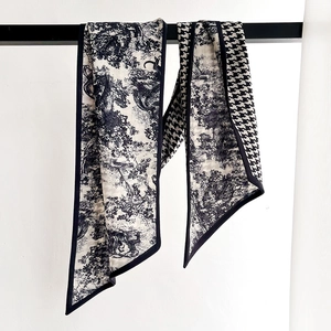 Double-sided houndstooth and Toile de Jouy pattern narrow silk scarf for women