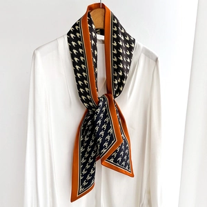Houndstooth Geometric Print Narrow Ribbon Scarf Satin Feel Polyester Neck Hair Bag Tie Elegant Versatile Accessory For Women
