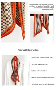 Détails de texture et disposition du foulard beige avec bordure orange et monogrammes