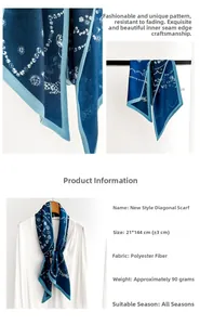 Detail showing high-quality stitching on navy blue chain print polyester scarf