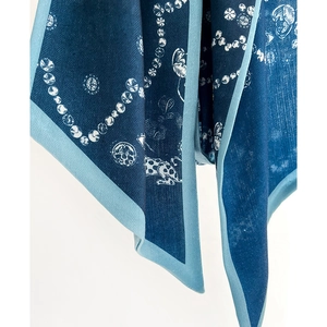 Navy blue silk twill skinny scarf with leopard and pearl print on white background