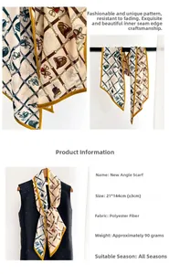 Close-up of elegant polyester diagonal scarf with vintage equestrian horse bit patterns