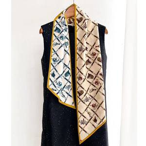 Equestrian Print Skinny Scarf Polyester Satiny Long Ribbon Tie Women Fashion Bag Handle Wrap Hair Band