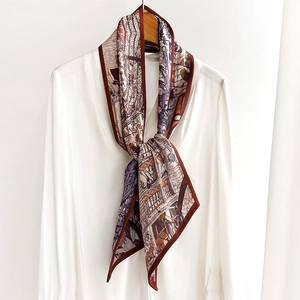 Vintage European Architecture Print Narrow Long Satin Like Scarf Polyester Neckerchief Ribbon For Office Shirt Women