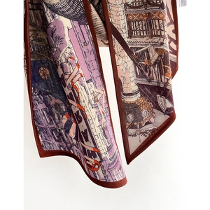 Vintage silk neck scarf with retro illustration of European architecture and moon