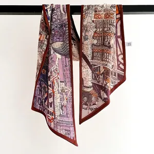 Vintage silk twilly scarf with retro architectural print and elegant brown rolled edges