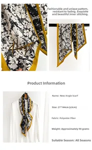 Detail showing a long black and white floral scarf with yellow trim and 21x144cm dimensions