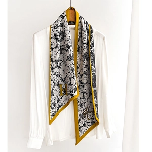 Retro Black White Floral Skinny Scarf Satin Like Polyester Long Narrow Neck Tie For Bag Handle Hair Band Women Accessory
