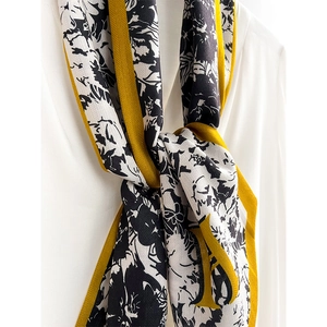 Elegant narrow floral silk scarf with yellow border and letter D motif for hair or neck