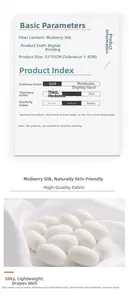 Detail guide for 53x53cm mulberry silk scarf showing fabric specs and washing instructions
