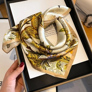 Elegant 53cm silk square scarf with baroque floral pattern on luxury display stand