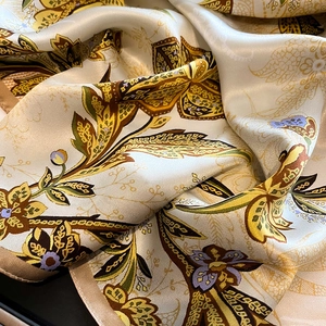 Elegant 53cm silk scarf featuring vintage gold floral patterns on champagne satin fabric