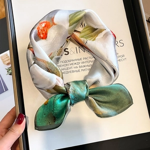 Mulberry Satin Square Scarf Floral Magnolia Print Elegant Neck Scarf Hair Accessory Versatile Headscarf For Women