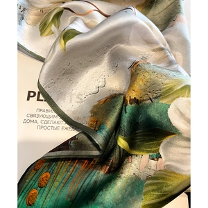 Floral silk square scarf with vintage botanical print and fine hand-rolled edges