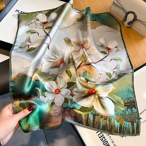 Silk square scarf with magnolia floral and landscape print on smooth satin fabric