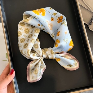 Mulberry Satin Square Scarf Floral Geometric Print Neckerchief For Women Elegant Office Fashion Accessory