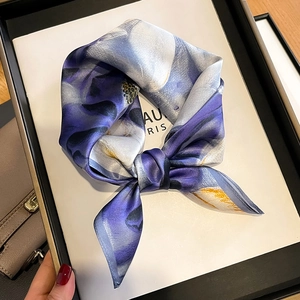 Mulberry Satin Square Scarf Elegant Purple Floral Print Neckerchief Versatile Hair Band Headscarf Lightweight For Women
