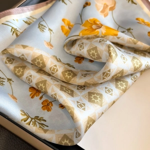 Elegant floral light blue square silk scarf with geometric border in soft satin finish