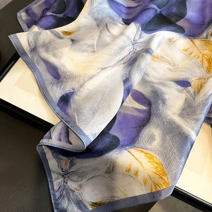 Elegant purple floral silk scarf for women featuring premium lustrous fabric and hand-rolled edges