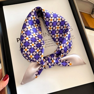 Mulberry Satin Square Scarf Elegant Geometric Print Satin Neckerchief For Women Lightweight Breathable Fashion Hair Accessory