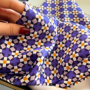 Retro geometric pattern silk square scarf with purple and orange satin finish