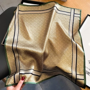 Luxurious geometric pattern silk square scarf with golden brown and Greek key border