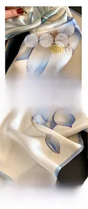 Detail showing the smooth silk texture and fine hemmed edges of the lotus pattern scarf
