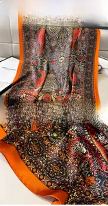 Macro detail of paisley silk scarf showing precision stitching and vibrant ethnic patterns