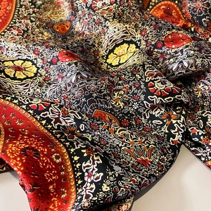 Retro ethnic pattern silk scarf with satin luster and complex geometric prints