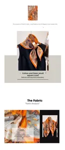 Detailed view of lightweight cotton linen scarf with abstract orange and blue art print