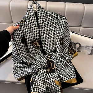 Luxurious long silk shawl with classic houndstooth and golden rose floral print