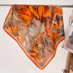 Lightweight orange silk scarf with elegant tulip and butterfly prints for women