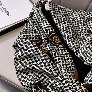 Elegant 90x180cm houndstooth and rose pattern silk scarf with premium satin finish texture