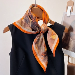 Women Square Scarf Polyester Satin Feeling Floral Butterfly Print Neck Scarf Hair Band French Elegant Shawl Accessory