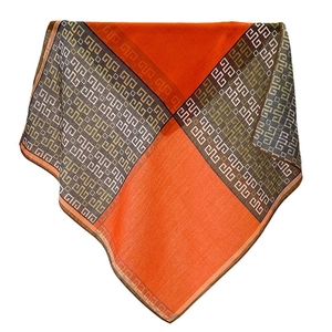 Foulard quadrato in seta arancione e marrone con motivo monogramma geometrico da donna