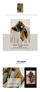 Detail of linen blend small square scarf with houndstooth and yellow floral patterns