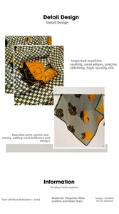 Detail of houndstooth square scarf with orange floral prints and edge stitching finish