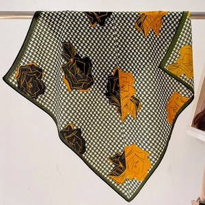 Fashionable houndstooth floral square scarf with yellow and green abstract rose pattern